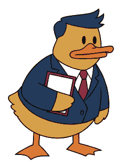 JD Vance as a compact forward-leaning duck in a cropped navy jacket, holding a blank folio.