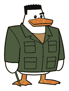 Pete Hegseth as a broad planted duck in a boxy olive briefing jacket with a plain pointer.
