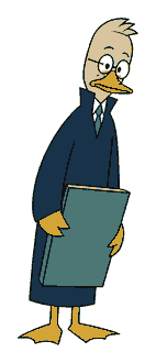 Scott Bessent as a tall thin duck with round spectacles, a long banker coat, and a blank ledger.